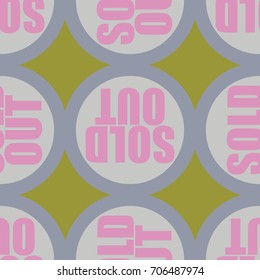 Sold Out seamless pattern with text. Caption inside rounded banner with pop art design and color texture. Sticker on a background.