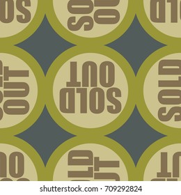 Sold Out seamless pattern with text. Caption inside rounded banner with pop art design and color texture. Sticker on a background.