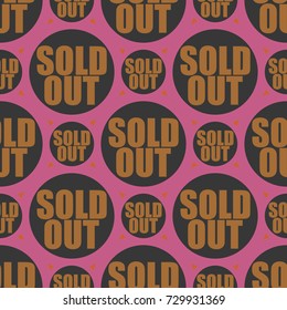 Sold Out seamless pattern with text. Caption inside rounded banner with pop art design and color texture. Sticker on a background.