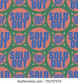 Sold Out seamless pattern with text. Caption inside rounded banner with pop art design and color texture. Sticker on a background.