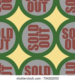 Sold Out seamless pattern with text. Caption inside rounded banner with pop art design and color texture. Sticker on a background.