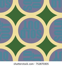 Sold Out seamless pattern with text. Caption inside rounded banner with pop art design and color texture. Sticker on a background.