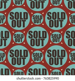 Sold Out seamless pattern with text. Caption inside rounded banner with pop art design and color texture. Sticker on a background.