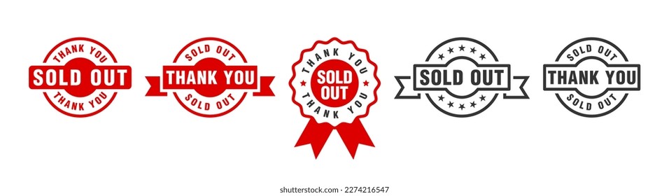 Sold out stamp badge set, sale sticker, sell product online store, deal label vector design emblem logo