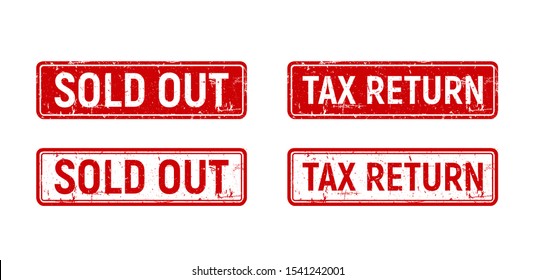 Sold Out Stamp Set, Red Tax Free Box On Grunge Rubber Stamp. Vintage Old Texture Frame With Text, Business Element For Trading And Sale. Vector Illustration.