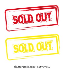 Sold out text stamps with specific watermark. Text placed inside rounded rectangular sticker with grunge and dirty design. Vector red and yellow color sticker on a white background.
