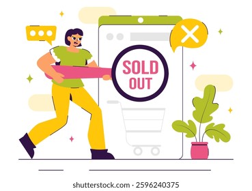 Sold Out Vector Illustration featuring a Shopping Message or Special Offer Indicating Product Unavailability in a Flat Style Cartoon Background
