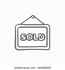 Icono de esbozo vectorial de rótulo vendido aislado en el fondo. Icono de la pancarta de venta dibujada a mano. Vender un icono de dibujo de carteles para infografía, sitio web o aplicación.
