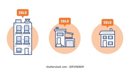 Sold rental real estate house vector icon set, living space shortage, villa and apartment, scarce rental housing, no buildings for sale, isolated on white background.