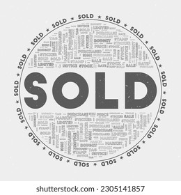 Sold - round badge. Text sold with keywords word clouds and circular text. Knight's Armor color theme and grunge texture. Elegant vector illustration.