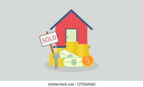 Cartel de venta frente a casa en estilo de edificio plano, ilustración vectorial para compra inmobiliaria