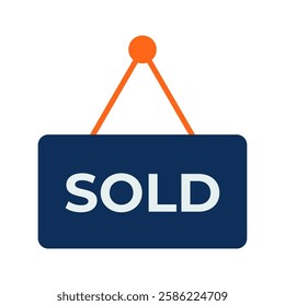 Sold Sign Icon: A bold, flat-style icon depicting a classic "SOLD" sign hanging from a string, signifying completion and success in a blue and orange color scheme. Perfect for presentations.