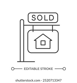 Sold sign linear icon. Real estate. House sold. Property sale. Home purchase. Realty concept. Housing market. Thin line illustration. Contour symbol. Vector outline drawing. Editable stroke