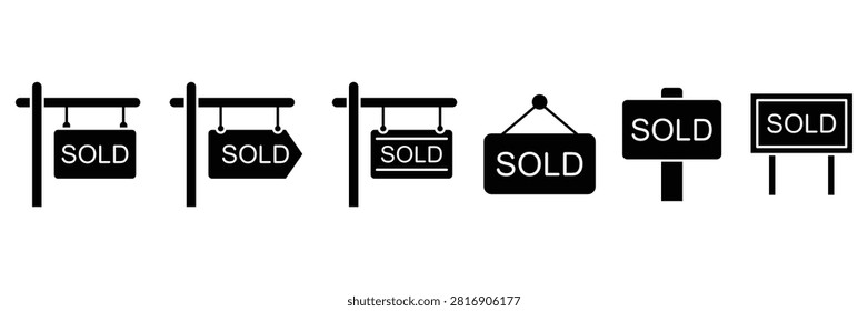Sold sign solid icon set, real estate property house sold board, hanging wooden plaque billboard symbol collection for business, commerce, finance and marketing concept.