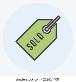 Sold Tag Icon in trendy color mate style isolated on soft blue background