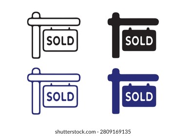 Sold text on hanging signpost symbols used for property sales and business marketing. Professional icons in black and blue styles for real estate advertising.