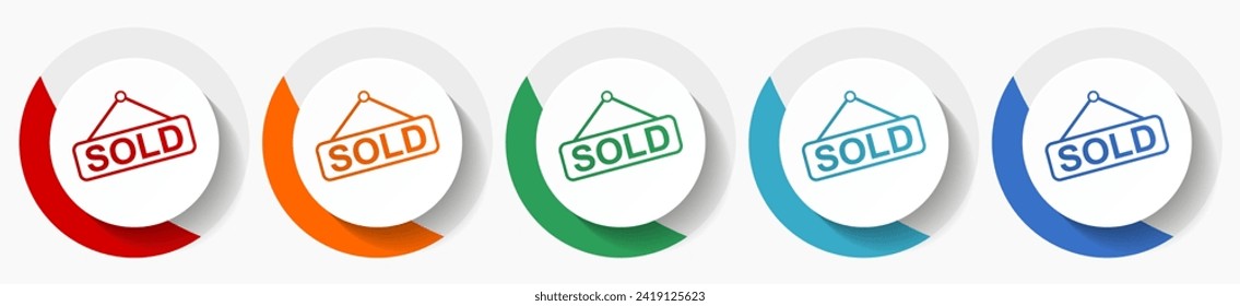Sold vector icon set, flat icons for logo design, webdesign and mobile applications, colorful round buttons