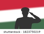 Solder silhouette on blur background with Hungary flag. Template for memorial day