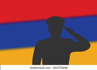 Solder silhouette on blur background with Armenia flag. Template for memorial day