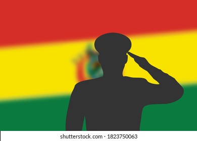 Solder silhouette on blur background with Bolivia flag. Template for memorial day