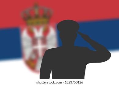 Solder silhouette on blur background with Serbia flag. Template for memorial day