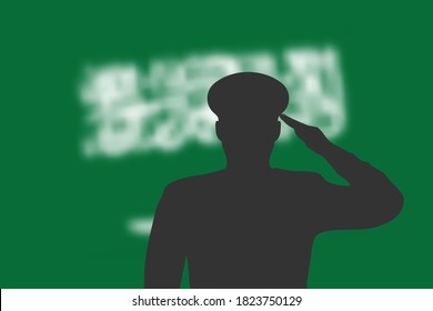 Solder silhouette on blur background with Saudi Arabia flag. Template for memorial day