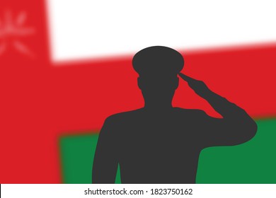 Solder silhouette on blur background with Oman flag. Template for memorial day