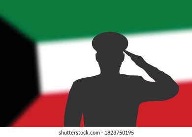 Solder silhouette on blur background with Kuwait flag. Template for memorial day