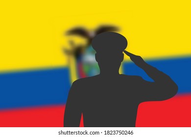 Solder silhouette on blur background with Ecuador flag. Template for memorial day