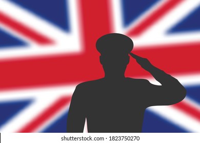 Solder silhouette on blur background with Britain flag. Template for memorial day