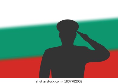 Solder silhouette on blur background with Bulgaria flag. Template for memorial day