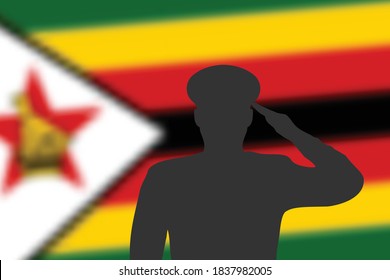 Silueta de soldado sobre fondo borroso con bandera de Zimbabue. Plantilla para el día conmemorativo