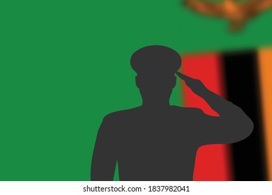 Solder silhouette on blur background with Zambia flag. Template for memorial day