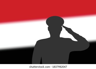 Solder silhouette on blur background with Yemen flag. Template for memorial day