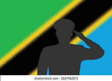 Solder silhouette on blur background with Tanzania flag. Template for memorial day