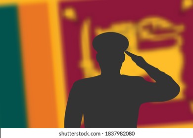 Solder silhouette on blur background with Sri Lanka flag. Template for memorial day