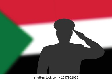 Solder silhouette on blur background with Sudan flag. Template for memorial day