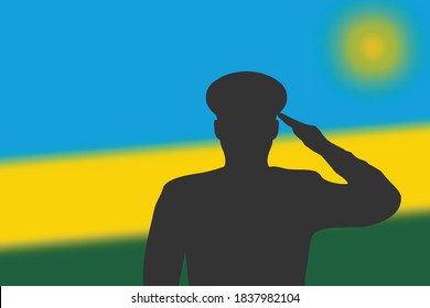 Solder silhouette on blur background with Rwanda flag. Template for memorial day