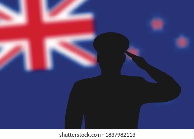 Lötsilhouette auf unscharfem Hintergrund mit neuseeländischer Flagge. Vorlage für den Gedenktag