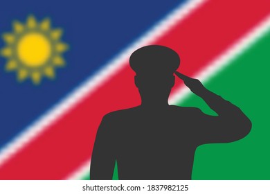 Solder silhouette on blur background with Namibia flag. Template for memorial day