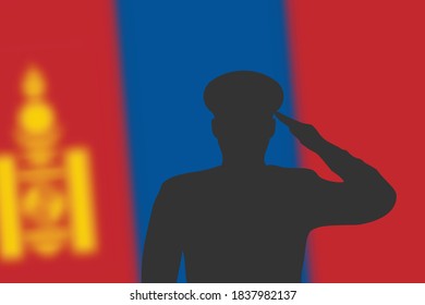 Solder silhouette on blur background with Mongolia flag. Template for memorial day