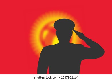 Solder silhouette on blur background with Kyrgyzstan flag. Template for memorial day