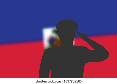 Solder silhouette on blur background with Haiti flag. Template for memorial day