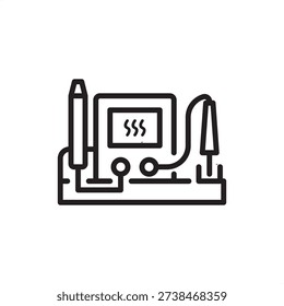 Solder station icon. Electronics repair and PCB assembly, representing temperature-controlled soldering irons, hot air rework tools, SMD component soldering, and laboratory electrical hardware systems