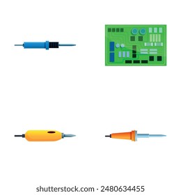 Soldering equipment icons set cartoon vector. Soldering iron and microcircuit. Electronics repairing equipment