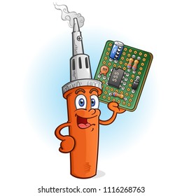 Soldering Iron Cartoon Character With Circuit Board PCB 