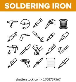 Soldering Iron Device Collection Icons Set Vector. Electronic Equipment And Reel With Metallic Material Cord For Soldering Concept Linear Pictograms. Monochrome Contour Illustrations