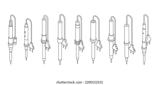 Soldering iron icons set. Isometric set of soldering iron vector icons outline thin lne isolated on white