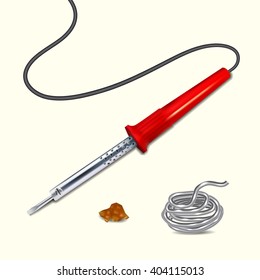 Soldering iron with a red handle. Tin solder, rosin.
