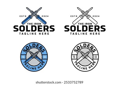 soldering iron tool crossed colorful and outline badge logo design set for workshop and electrician. circuit soldering iron, desolder station illustration logo template for repairer, craftsman